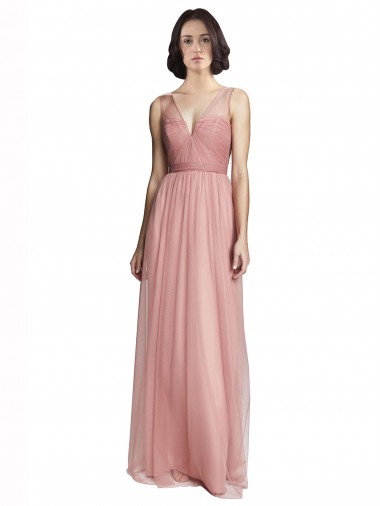 V-Neck Long Tulle Rose Pink Sleeveless Bridesmaid Dress Victoria