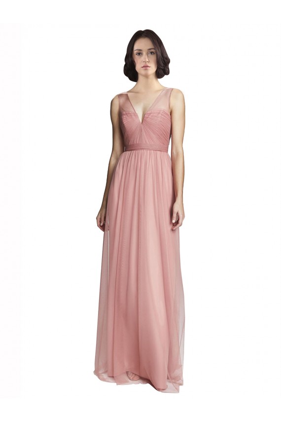 V-Neck Long Tulle Rose Pink Sleeveless Bridesmaid Dress Victoria