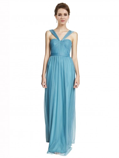 V-Neck Long Tulle Sky Blue Sleeveless Bridesmaid Dress Victoria
