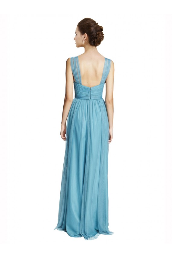 V-Neck Long Tulle Sky Blue Sleeveless Bridesmaid Dress Victoria