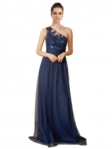 One Shoulder Sweep Train Tulle Dark Navy Sleeveless Bridesmaid Dress Victoria