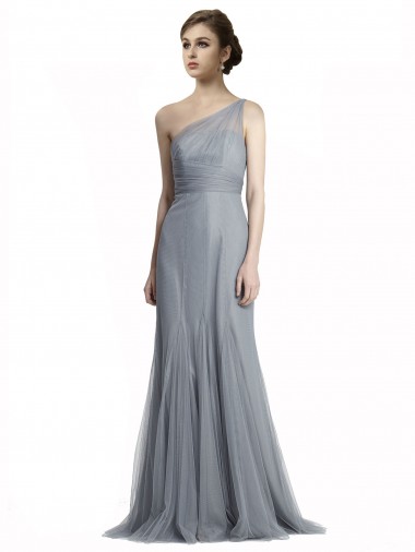 One Shoulder Long Tulle Slate Grey Sleeveless Bridesmaid Dress Victoria