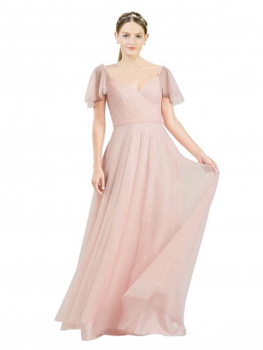 V-Neck Long Tulle Pink Flutter Sleeves Formal Dress / Bridesmaid Dress Victoria