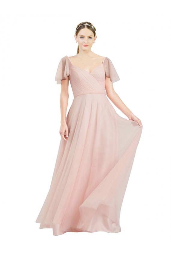 V-Neck Long Tulle Pink Flutter Sleeves Formal Dress / Bridesmaid Dress Victoria