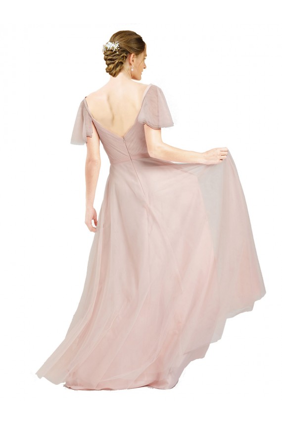 V-Neck Long Tulle Pink Flutter Sleeves Formal Dress / Bridesmaid Dress Victoria