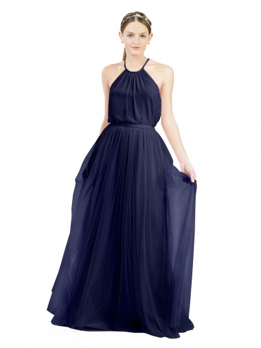 High Neck Long Tulle Navy Blue Sleeveless Semi Formal Evening Dress / Bridesmaid Dress Victoria