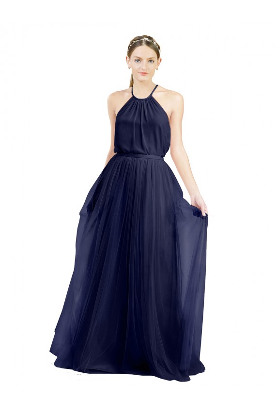 High Neck Long Tulle Navy Blue Sleeveless Semi Formal Evening Dress / Bridesmaid Dress Victoria