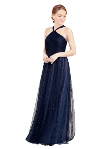 Halter Neck Long Tulle Navy Blue Sleeveless Bridesmaid Dress / Evening Dress Victoria
