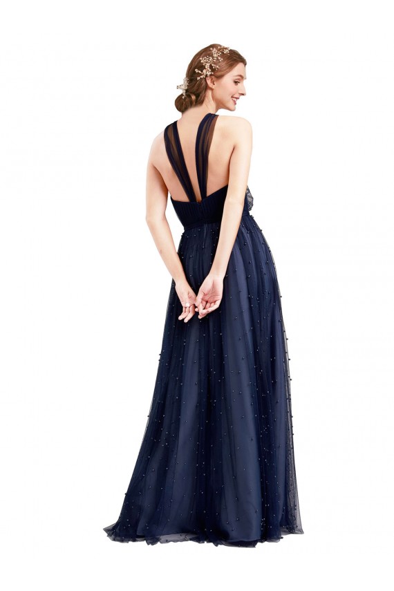 Halter Neck Long Tulle Navy Blue Sleeveless Bridesmaid Dress / Evening Dress Victoria