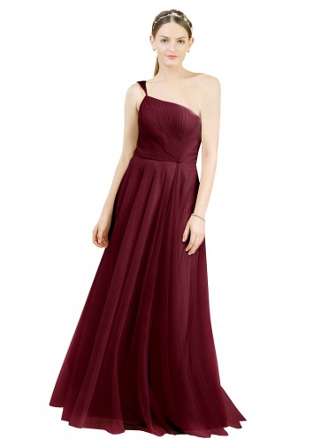 One Shoulder Long Tulle Burgundy Sleeveless Semi Formal Evening Dress / Bridesmaid Dress Victoria