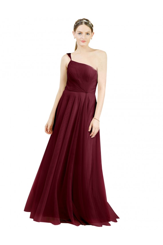 One Shoulder Long Tulle Burgundy Sleeveless Semi Formal Evening Dress / Bridesmaid Dress Victoria
