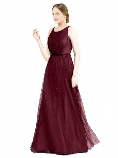Boat Neck Long Tulle Burgundy Sleeveless Semi Formal Evening Dress / Bridesmaid Dress Victoria