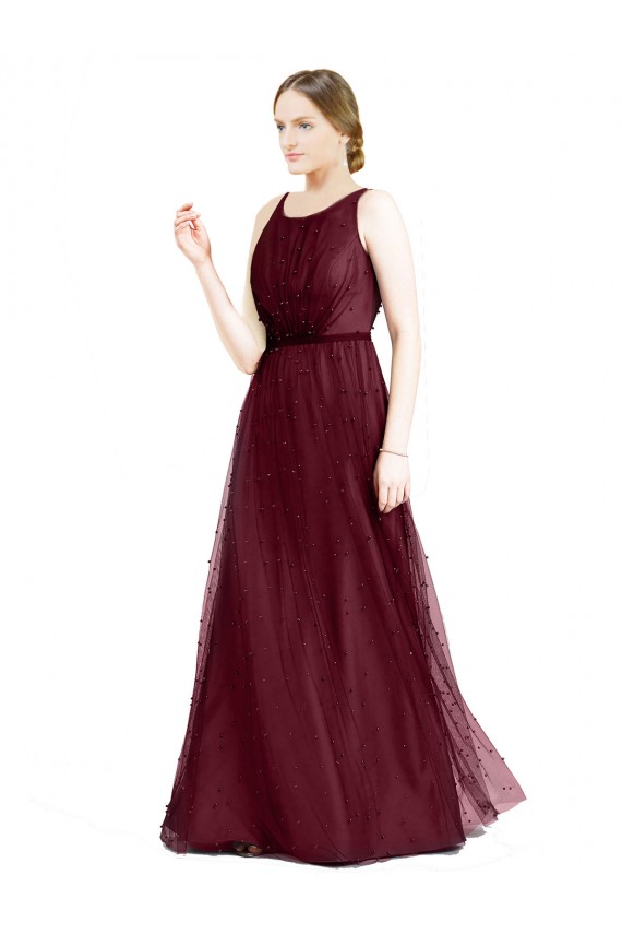 Boat Neck Long Tulle Burgundy Sleeveless Semi Formal Evening Dress / Bridesmaid Dress Victoria