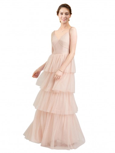 V-Neck Long Tulle Pink Sleeveless Semi Formal Evening Dress / Bridesmaid Dress Victoria
