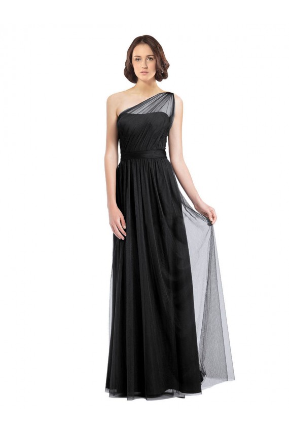 One Shoulder Long Tulle Black Sleeveless Bridesmaid Dress Victoria