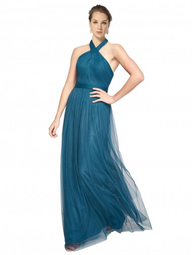 High Neck Long Tulle Teal Green Sleeveless Bridesmaid Dress Victoria