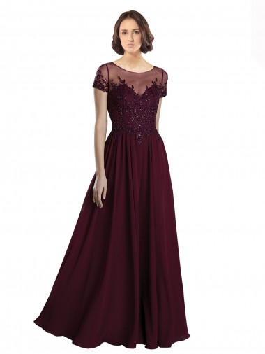 Jewel Neck Long Tulle & Soft Chiffon Burgundy Gold Cap Sleeves Bridesmaid Dress Victoria