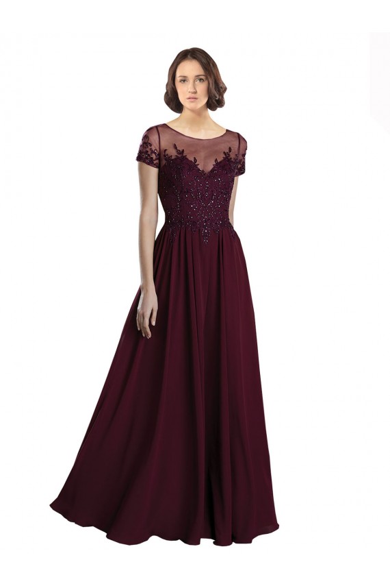 Jewel Neck Long Tulle & Soft Chiffon Burgundy Gold Cap Sleeves Bridesmaid Dress Victoria