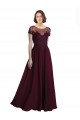 Jewel Neck Long Tulle & Soft Chiffon Burgundy Gold Cap Sleeves Bridesmaid Dress Victoria
