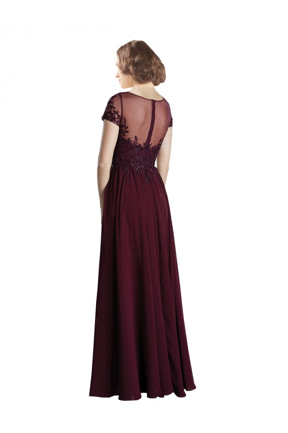 Jewel Neck Long Tulle & Soft Chiffon Burgundy Gold Cap Sleeves Bridesmaid Dress Victoria