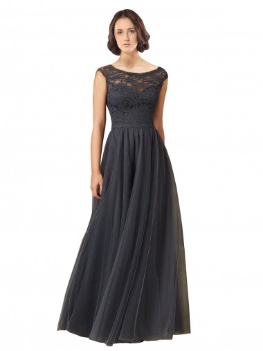 Bateau Neck Long Tulle & Lace Slate Grey Cap Sleeves Bridesmaid Dress Victoria