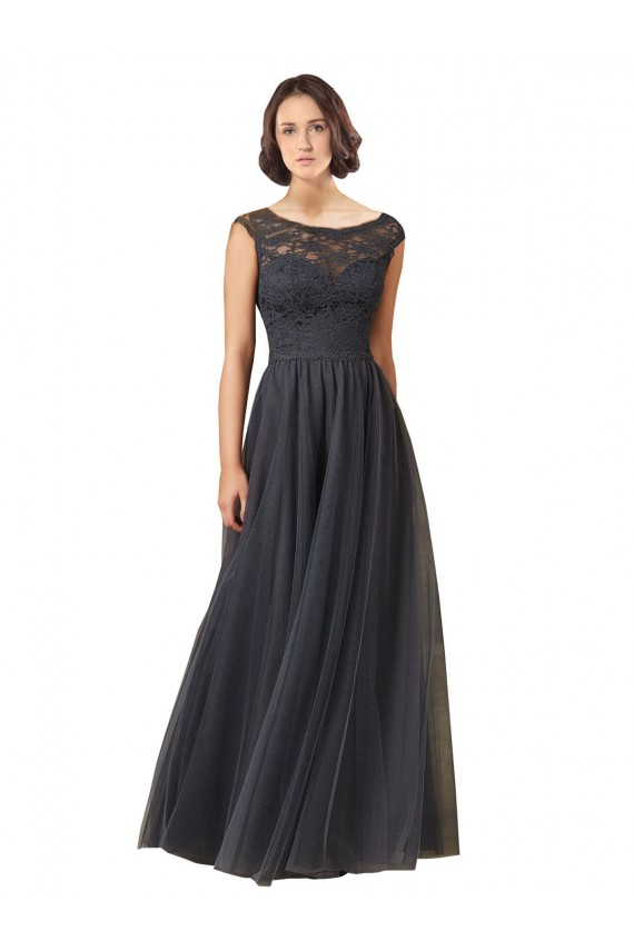 Bateau Neck Long Tulle & Lace Slate Grey Cap Sleeves Bridesmaid Dress Victoria