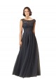 Bateau Neck Long Tulle & Lace Slate Grey Cap Sleeves Bridesmaid Dress Victoria