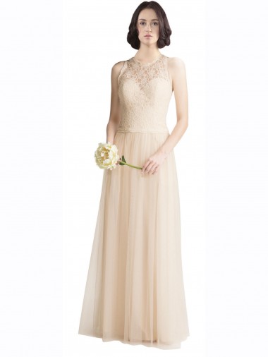 Illusion Neck Long Tulle & Lace Ivory Sleeveless Bridesmaid Dress Victoria