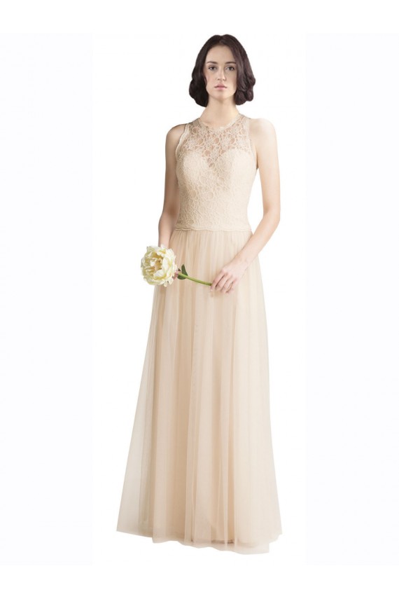 Illusion Neck Long Tulle & Lace Ivory Sleeveless Bridesmaid Dress Victoria