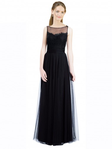 Illusion Neck Long Tulle & Lace Black Sleeveless Bridesmaid Dress Victoria