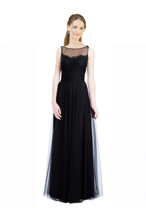 Illusion Neck Long Tulle & Lace Black Sleeveless Bridesmaid Dress Victoria