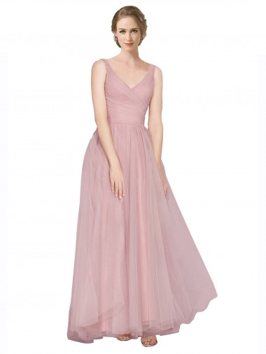 V-Neck Long Tulle Pink Sleeveless Bridesmaid Dress Victoria