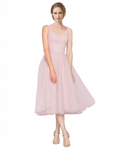 V-Neck Tea Length Tulle Pink Sleeveless Bridesmaid Dress Victoria