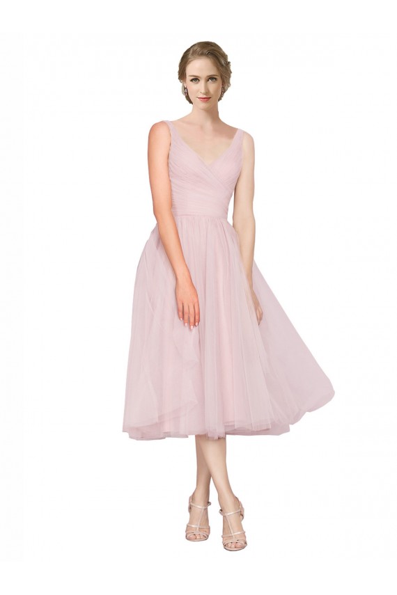 V-Neck Tea Length Tulle Pink Sleeveless Bridesmaid Dress Victoria