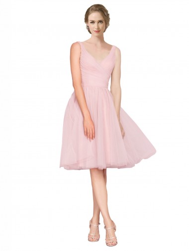 V-Neck Knee Length Tulle Pink Sleeveless Bridesmaid Gown Victoria