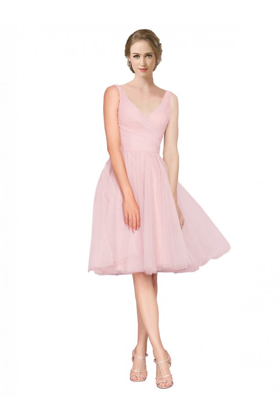 V-Neck Knee Length Tulle Pink Sleeveless Bridesmaid Gown Victoria