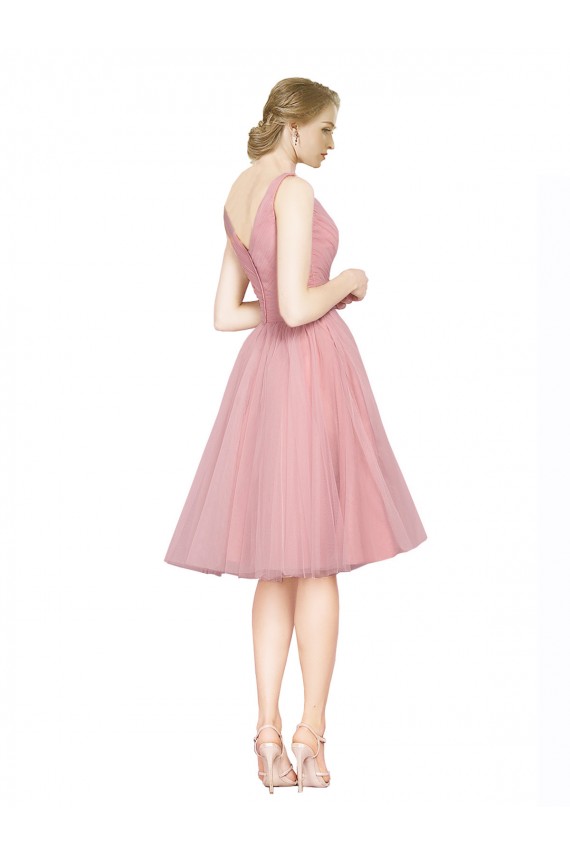 V-Neck Knee Length Tulle Pink Sleeveless Bridesmaid Gown Victoria