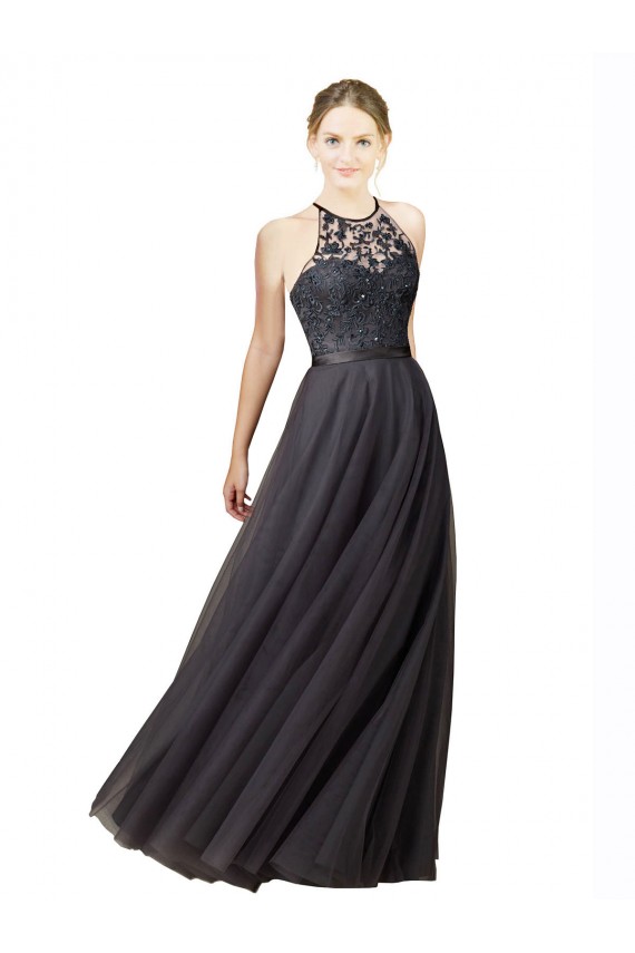 Sweetheart Long Tulle & Lace Slate Grey Sleeveless Bridesmaid Dress Victoria