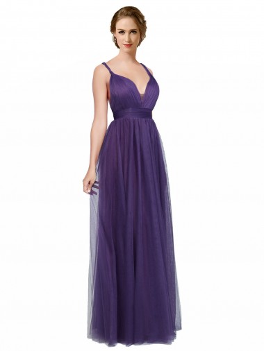 Bateau Neck Long Tulle Purple Sleeveless Bridesmaid Dress Victoria