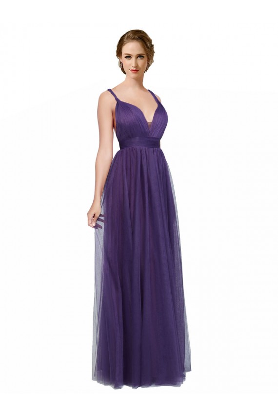 Bateau Neck Long Tulle Purple Sleeveless Bridesmaid Dress Victoria