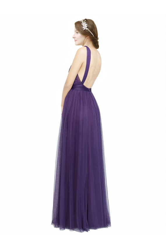 Bateau Neck Long Tulle Purple Sleeveless Bridesmaid Dress Victoria