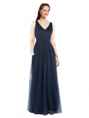 V-Neck Long Tulle Dark Navy Sleeveless Bridesmaid Dress Victoria