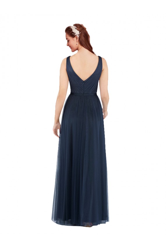 V-Neck Long Tulle Dark Navy Sleeveless Bridesmaid Dress Victoria