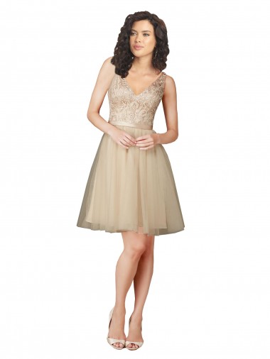 V-Neck Knee Length Tulle & Lace Champagne Sleeveless Bridesmaid Dress Victoria