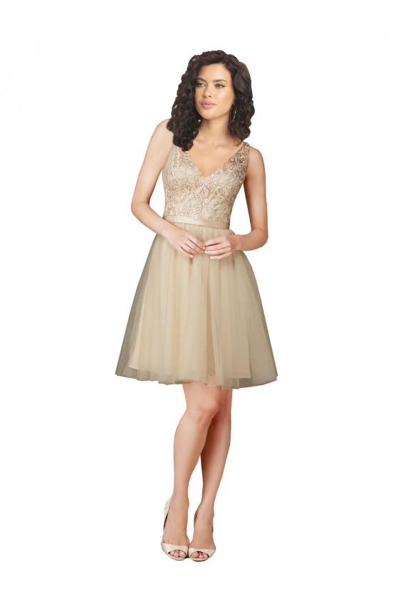 V-Neck Knee Length Tulle & Lace Champagne Sleeveless Bridesmaid Dress Victoria