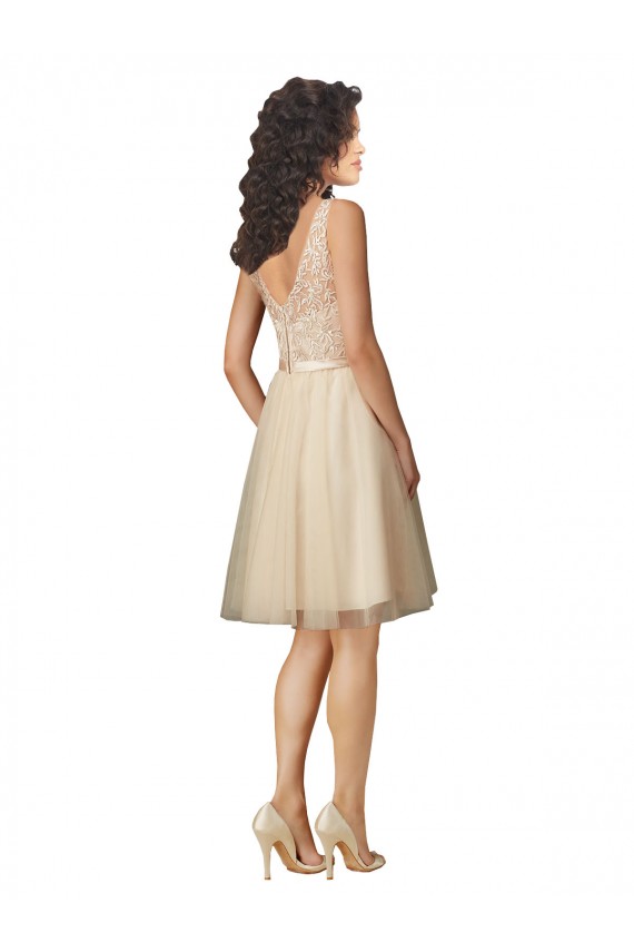 V-Neck Knee Length Tulle & Lace Champagne Sleeveless Bridesmaid Dress Victoria