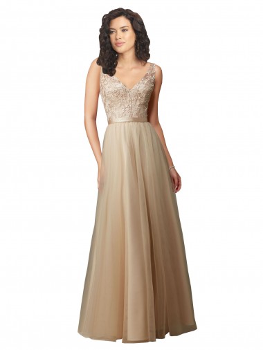 V-Neck Long Tulle & Lace Champagne Sleeveless Bridesmaid Dress Victoria