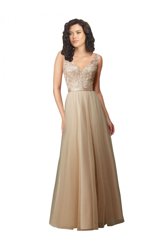V-Neck Long Tulle & Lace Champagne Sleeveless Bridesmaid Dress Victoria