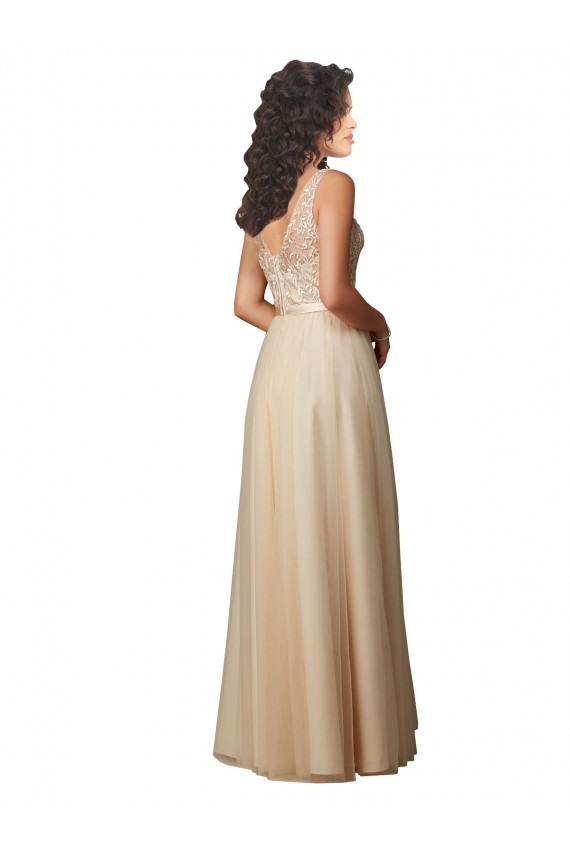 V-Neck Long Tulle & Lace Champagne Sleeveless Bridesmaid Dress Victoria