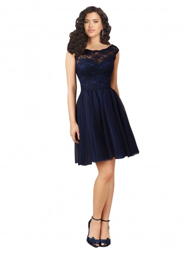 Bateau Neck Knee Length Tulle & Lace Dark Navy Sleeveless Bridesmaid Dress Victoria